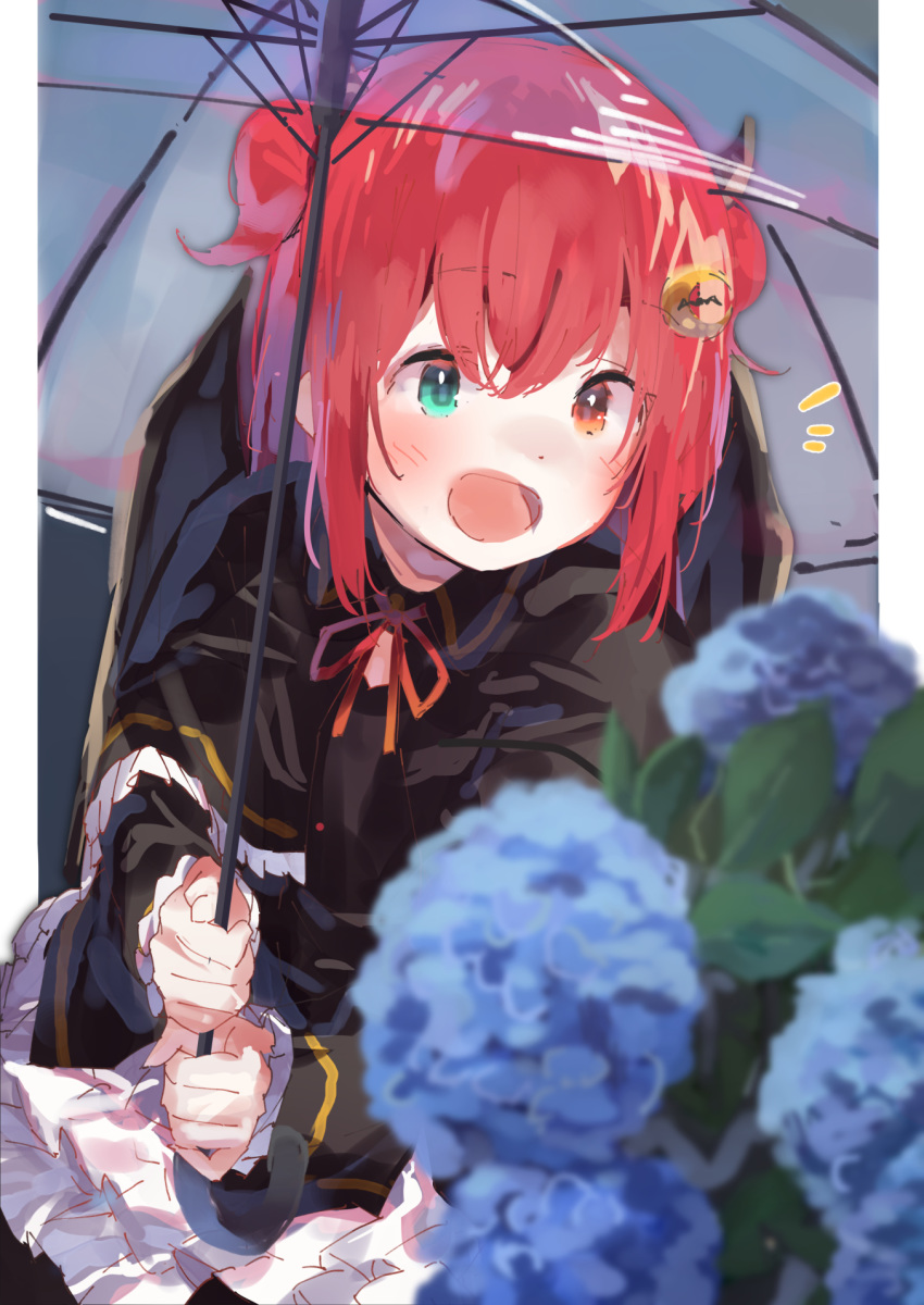 1girl :d bangs black_capelet black_dress black_wings blue_flower blurry blurry_foreground blush capelet commentary_request crescent crescent_hair_ornament demon_girl demon_horns demon_wings depth_of_field dress eyebrows_visible_through_hair flower frilled_dress frills hair_between_eyes hair_ornament highres holding holding_umbrella horns long_hair long_sleeves neck_ribbon nijisanji notice_lines open_mouth outdoors ramu_(taka1995) red_eyes red_ribbon redhead ribbon smile solo transparent transparent_umbrella two-handed two_side_up umbrella virtual_youtuber wings yuzuki_roa