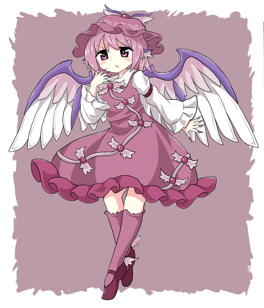 1girl animal_ears bird_ears brown_footwear chups collared_dress dress eyebrows_visible_through_hair feathered_wings frilled_dress frills highres long_sleeves mystia_lorelei pants pink_frills purple_dress purple_hair purple_headwear purple_nails purple_pants solo touhou white_sleeves white_wings wings