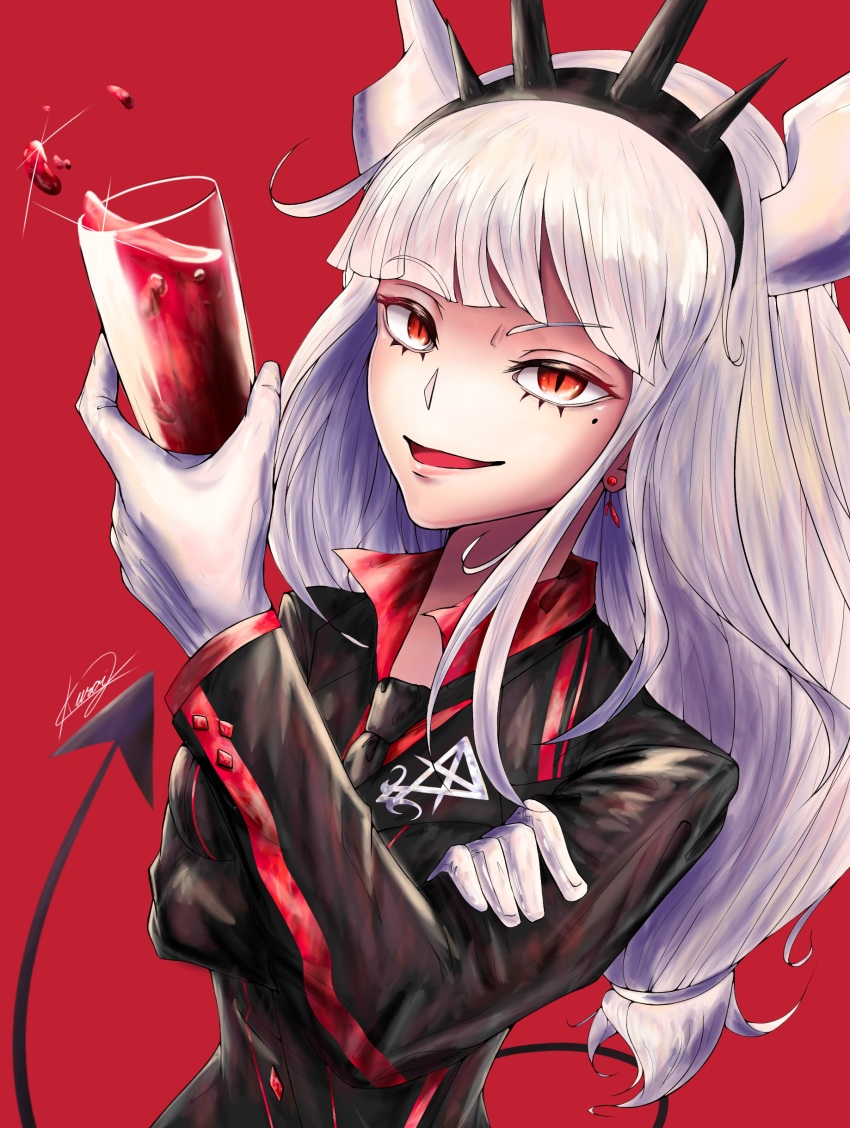 1girl absurdres breasts demon_girl demon_horns demon_tail formal helltaker highres horns kuroij long_sleeves looking_at_viewer lucifer_(helltaker) mole mole_under_eye red_background red_eyes red_shirt self_upload shirt silver_hair solo suit tail upper_body water