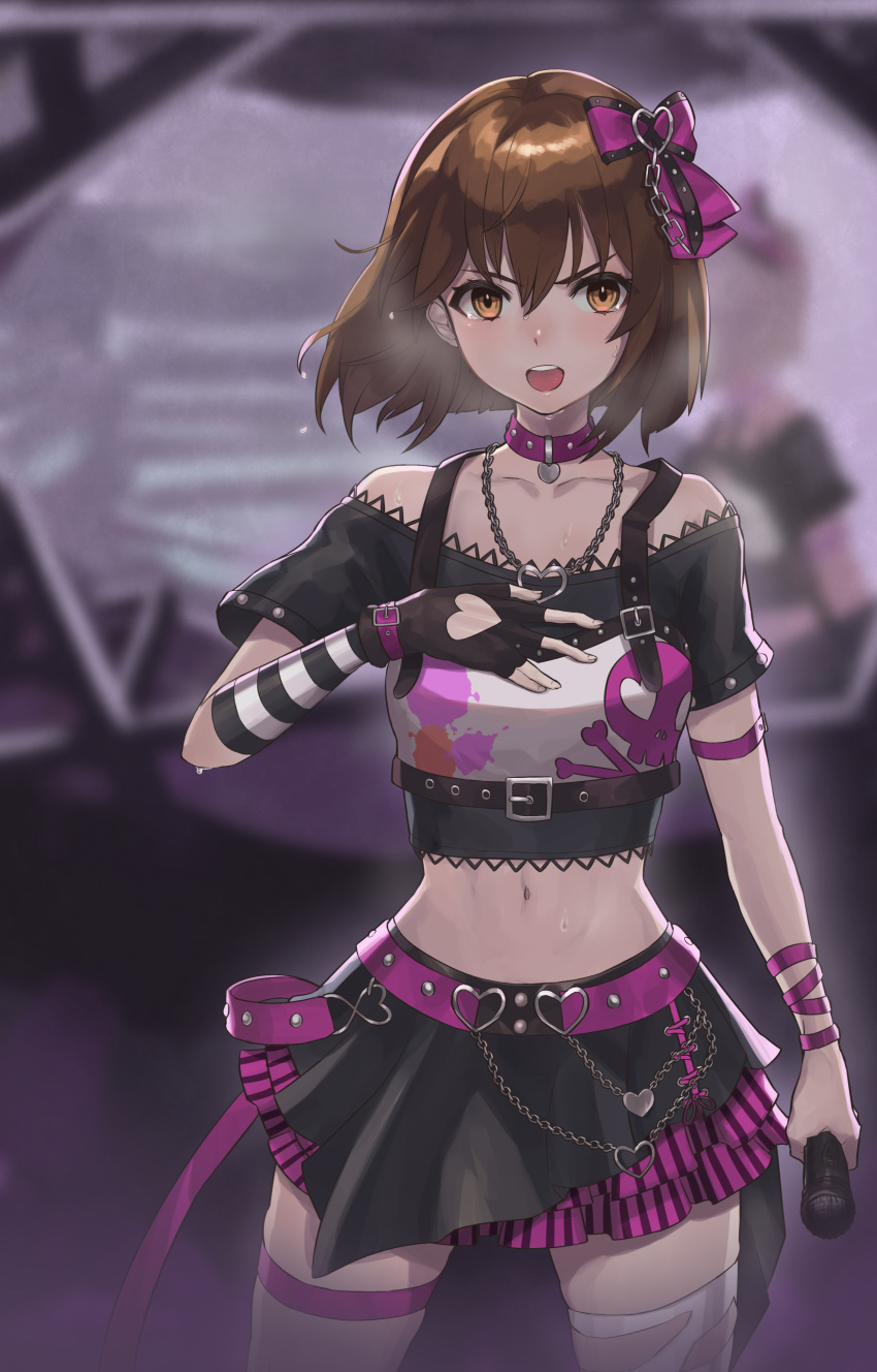 1girl absurdres bangs black_gloves black_skirt blurry blurry_background bow brown_eyes brown_hair chain choker commentary darutanyan1023 depth_of_field gloves hagiwara_yukiho hair_bow hand_on_own_chest heart heart_cutout heart_necklace highres holding holding_microphone idol idolmaster idolmaster_(classic) lace lace-trimmed_shirt layered_skirt looking_at_viewer microphone midriff miniskirt mismatched_legwear navel off-shoulder_shirt off_shoulder open_mouth purple_belt purple_bow purple_choker purple_ribbon ribbon shirt shirt_straps short_hair single_glove skirt skull_and_crossbones solo standing striped sweat thigh-highs