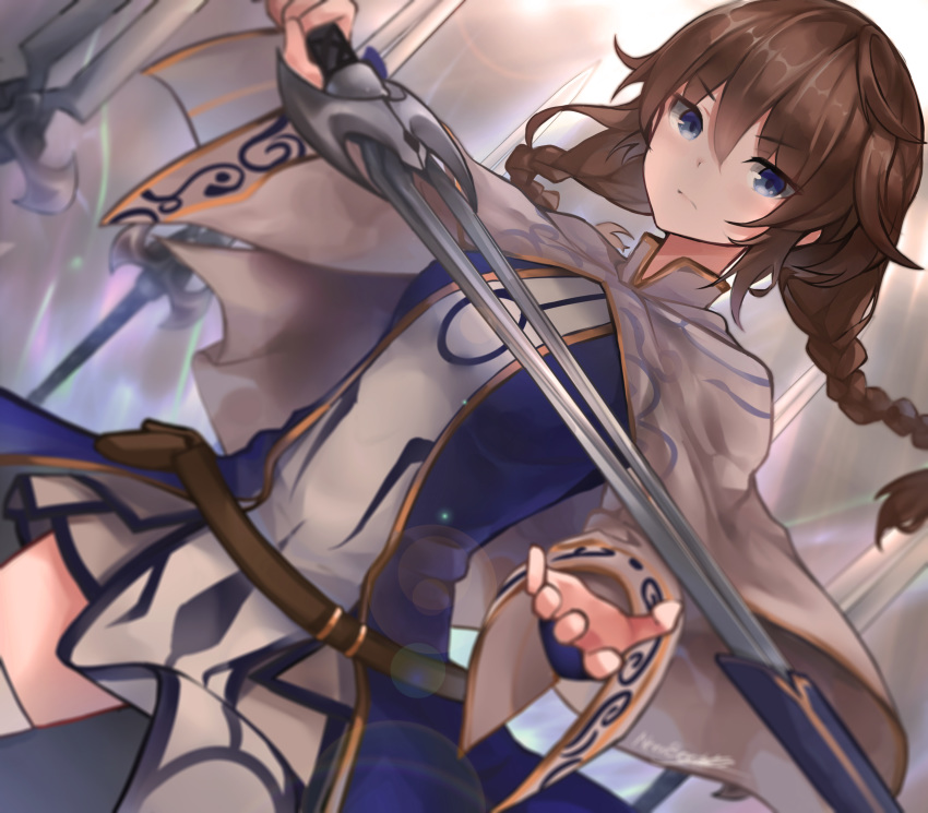 1girl absurdres blue_dress blue_eyes braid brown_hair cape closed_mouth commentary commission dress dutch_angle english_commentary eyebrows_visible_through_hair highres holding holding_sword holding_weapon long_hair looking_at_viewer neonbeat original solo sword thigh-highs twin_braids weapon white_cape white_legwear