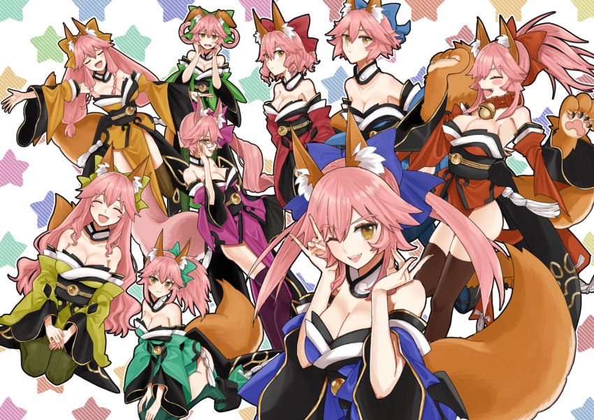 6+girls ;) animal_ear_fluff animal_ears bare_shoulders bell bell_collar blue_kimono blue_ribbon blush breasts cat_paws closed_eyes collar collarbone commentary commentary_request detached_sleeves double_fox_shadow_puppet drill_hair ears_down eyebrows_visible_through_hair fangs fate/extella fate/extra fate/extra_ccc fate/grand_order fate_(series) fox_ears fox_girl fox_shadow_puppet fox_tail glasses gloves green_kimono green_ribbon grey-framed_eyewear hair_ribbon highres japanese_clothes jingle_bell kimono large_breasts long_hair looking_at_viewer merokonbu0 multiple_girls multiple_persona one_eye_closed open_mouth paw_gloves paw_shoes paws pink_hair pink_kimono pink_ribbon ponytail red_kimono red_ribbon ribbon shoes short_hair side_ponytail smile sweat tail tamamo_(assassin)_(fate) tamamo_(fate)_(all) tamamo_cat_(fate) tamamo_no_mae_(fate) twintails very_long_hair white-framed_eyewear yellow_eyes yellow_ribbon