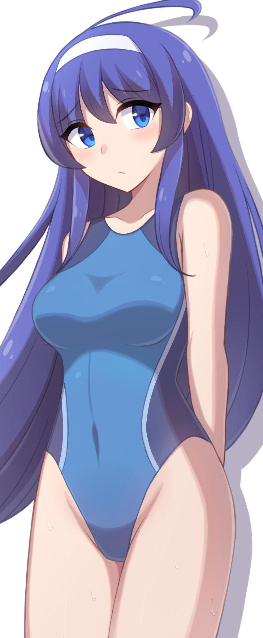 1girl absurdres ahoge arms_behind_back blue_eyes blue_hair blue_swimsuit breasts commentary_request competition_swimsuit cowboy_shot hairband highres huge_ahoge long_hair medium_breasts nyomosuke one-piece_swimsuit orie_(under_night_in-birth) simple_background solo standing swimsuit under_night_in-birth white_background