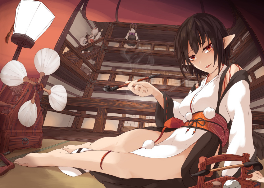 3girls animal_ears architecture arm_up balcony barefoot black_hair come_hither commentary_request detached_sleeves east_asian_architecture fan from_behind from_below hakama_skirt head_tilt highres himekaidou_hatate holding holding_pipe indoors inubashiri_momiji kagami_toufu kiseru kourindou_tengu_costume lamp looking_at_viewer multiple_girls no_panties obi parted_lips pelvic_curtain pipe pointy_ears reclining red_eyes sash shameimaru_aya short_hair sitting_on_railing smoke smoking stairs tail tatami touhou twintails white_hair wolf_ears wolf_tail