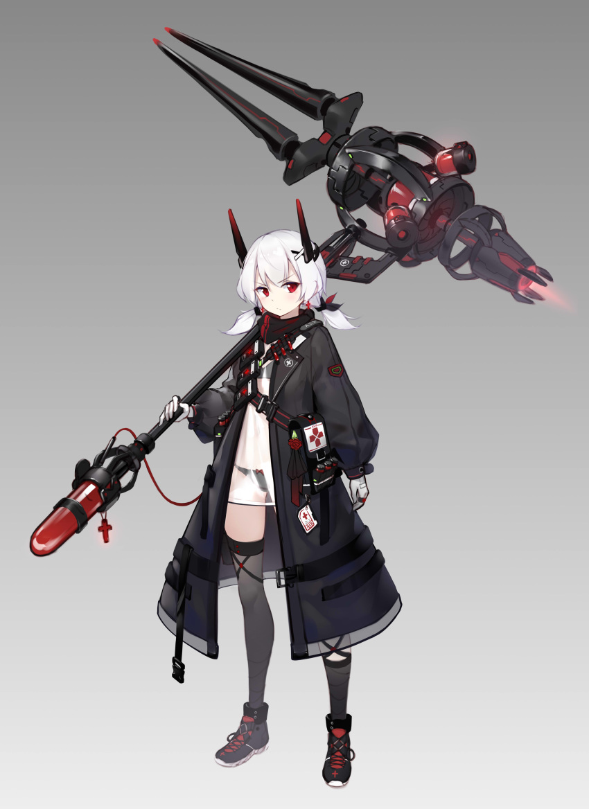 1girl absurdres belt black_bra black_coat black_footwear black_panties bra coat dress full_body gloves grey_legwear hair_ornament highres holding holding_scythe horns j-cube kerchief long_coat long_hair long_sleeves looking_at_viewer low_twintails open_clothes open_coat original panties pouch puffy_sleeves red_eyes scythe see-through shoes short_dress short_hair solo standing strap test_tube thigh-highs thighs twintails underwear v-shaped_eyebrows white_gloves white_hair x_hair_ornament