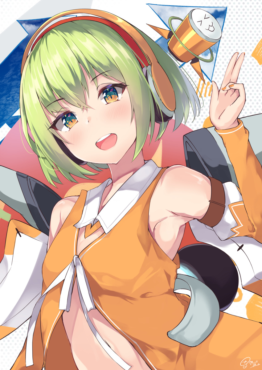 1girl :d absurdres armpits bare_shoulders brown_eyes center_opening chunithm detached_sleeves flat_chest green_hair hand_up headphones highres long_sleeves looking_at_viewer mushpz nail_polish open_mouth orange_shirt revealing_clothes shirt short_hair sky_feather smile solo stomach upper_body wing_collar