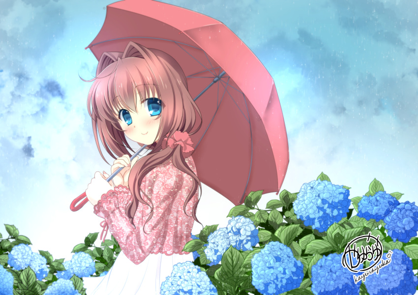 1girl artist_name asakura_otome blue_eyes blush brown_hair clouds cloudy_sky commentary_request da_capo da_capo_ii eyebrows_visible_through_hair flower_request hair_between_eyes hair_intakes hair_over_shoulder highres holding holding_umbrella kayura_yuka long_hair long_sleeves looking_at_viewer looking_to_the_side red_shirt scrunchie shirt signature skirt sky smile solo umbrella white_skirt