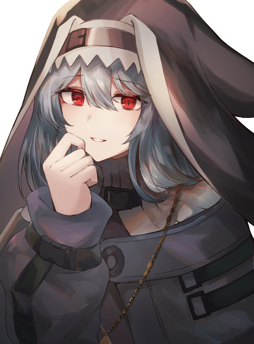 1girl absurdres arknights black_capelet black_coat black_dress black_headwear blush capelet coat dress eyebrows_visible_through_hair fingers_together habit hair_between_eyes hand_on_own_chin highres jewelry kiyakyuu long_hair looking_at_viewer nun parted_lips red_eyes silver_hair simple_background smile solo specter_(arknights) upper_body white_background