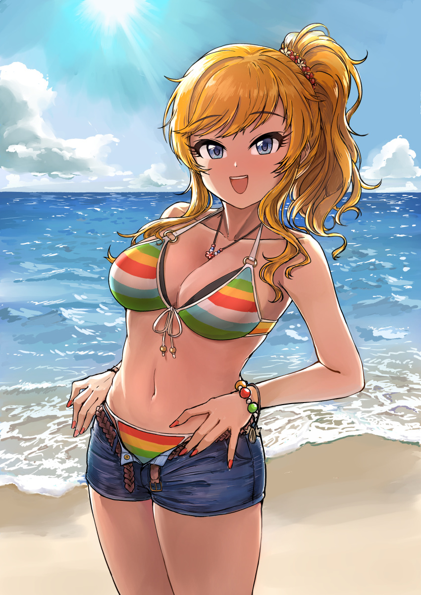 1girl absurdres bangs bare_arms bare_shoulders beach belt bikini blonde_hair blue_eyes bracelet breasts collarbone commentary_request day denim denim_shorts eyebrows_visible_through_hair green_bikini hair_ornament highres idolmaster idolmaster_cinderella_girls jewelry large_breasts long_hair looking_at_viewer multicolored multicolored_bikini multicolored_clothes navel necklace ocean ootsuki_yui open_clothes open_mouth open_shorts orange_nails outdoors pengwin ponytail red_bikini short_shorts shorts smile solo swimsuit upper_teeth wavy_hair white_bikini yellow_bikini
