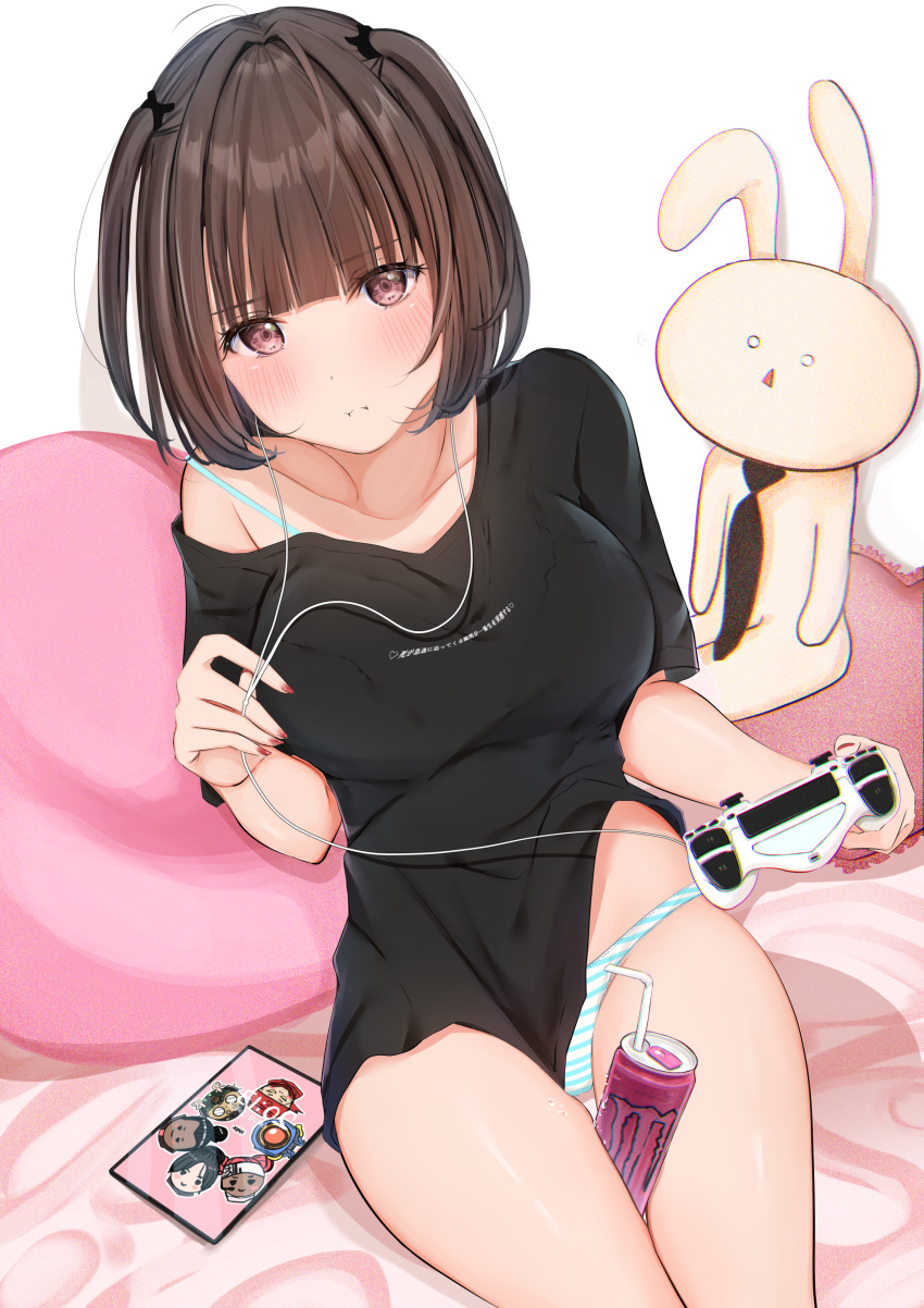 1girl :i absurdres bangs black_shirt blunt_bangs blush bra_strap breasts collarbone controller cup cushion disposable_cup drinking_straw earphones energy_drink eyebrows_visible_through_hair game_controller highres holding holding_controller large_breasts looking_at_viewer nail_polish off_shoulder original panties red_eyes red_nails shirt short_hair sitting solo striped striped_panties stuffed_animal stuffed_toy tablet_pc two_side_up uiri-na underwear
