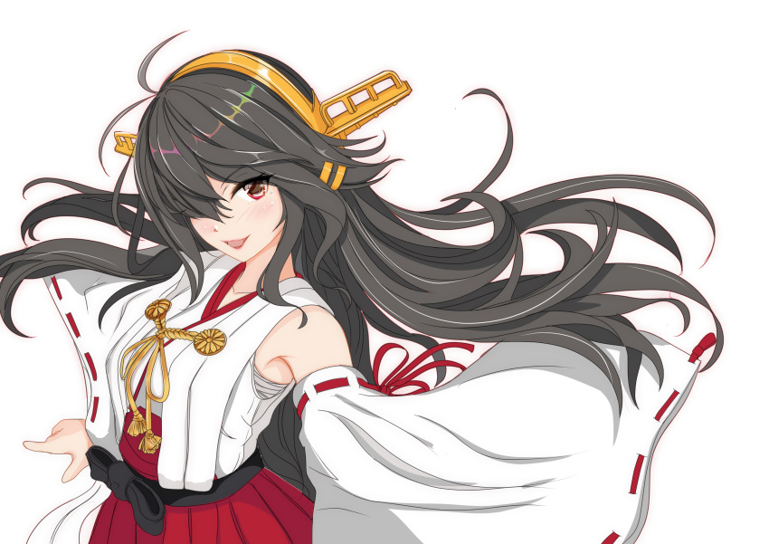 1girl absurdres black_hair detached_sleeves eyeshadow grey_hair hair_ornament hair_over_one_eye hairband hairclip haruna_(kantai_collection) headgear highres japanese_clothes kantai_collection lips long_hair looking_at_viewer makeup nitamago_(sakamalh) red_eyes ribbon-trimmed_sleeves ribbon_trim simple_background smile solo white_background