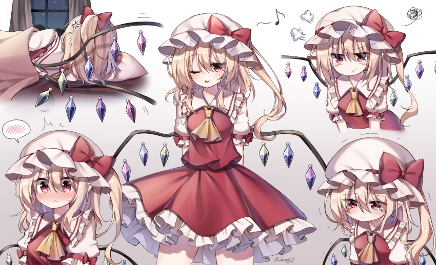 absurdres blonde_hair blush bow collarbone crystal doll_hug dress eyebrows_visible_through_hair flandre_scarlet gradient gradient_background hair_between_eyes hat highres jewelry pink_dress pink_headwear pudding_(skymint_028) purple_hair red_bow red_eyes red_skirt red_vest remilia_scarlet shirt side_ponytail signature skirt stuffed_toy touhou vest white_headwear white_shirt wings yellow_neckwear