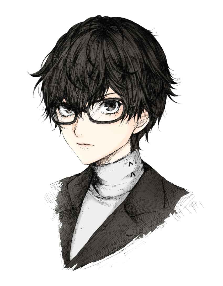 1boy amamiya_ren ballpoint_pen_(medium) bangs black-framed_eyewear black_eyes black_hair cropped_torso glasses hair_between_eyes highres looking_at_viewer male_focus persona persona_5 portrait roroichi simple_background solo sweater traditional_media turtleneck turtleneck_sweater white_background white_sweater