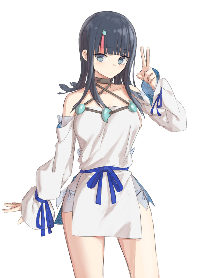 1girl bangs bare_shoulders black_hair blue_eyes blue_ribbon blush breasts closed_mouth collarbone dress elfenlied22 fate/grand_order fate/requiem fate_(series) fundoshi highres japanese_clothes jewelry large_breasts long_sleeves looking_at_viewer magatama magatama_hair_ornament medium_hair multicolored_hair necklace pelvic_curtain pink_hair puffy_long_sleeves puffy_sleeves ribbon short_dress sideless_outfit simple_background streaked_hair thighs utsumi_erise v white_background white_dress