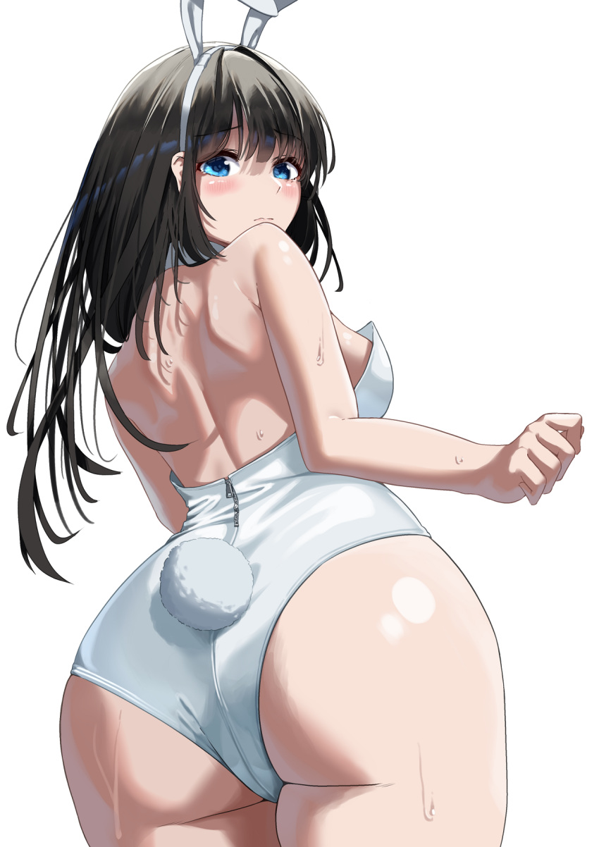 1girl animal_ears ass backless_outfit bangs bare_shoulders black_hair blue_eyes blush breasts bunny_girl bunny_tail bunnysuit closed_mouth detached_collar droplet eyebrows_visible_through_hair fake_animal_ears fake_tail highres leotard long_hair looking_at_viewer looking_back looking_down medium_breasts noeru original rabbit_ears sleeveless solo strapless sweat sweatdrop tail white_background white_leotard zipper