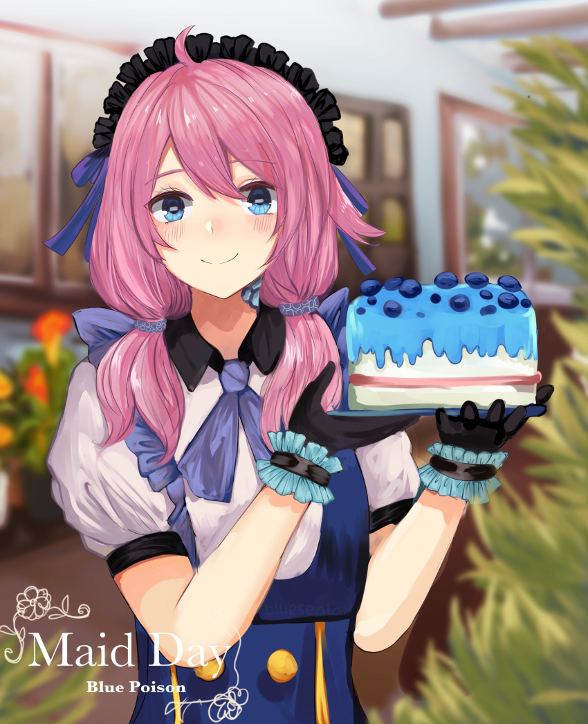 1girl ahoge alternate_costume arknights bangs black_gloves blue_eyes blue_neckwear blue_poison_(arknights) blue_ribbon blue_sela blurry blurry_background blush cake character_name commentary enmaided eyebrows_visible_through_hair food gloves hair_between_eyes hair_ribbon hands_up highres holding holding_food indoors long_hair looking_at_viewer low_twintails maid maid_day maid_headdress pink_hair puffy_short_sleeves puffy_sleeves ribbon shirt short_sleeves smile solo twintails upper_body white_shirt wrist_cuffs