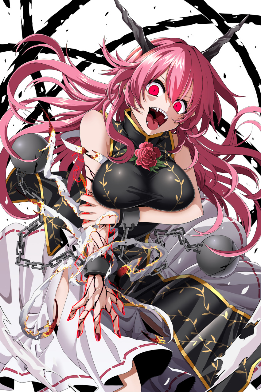 1girl :d absurdres ball_and_chain_restraint bangs bare_arms bare_shoulders black_dress breasts chain china_dress chinese_clothes commentary_request cuffs dress fangs flower hair_between_eyes head_tilt highres horns ibaraki_kasen large_breasts long_hair looking_at_viewer nail_polish oni oni_horns open_mouth pink_flower pink_hair pink_rose red_eyes red_nails rihito_(usazukin) rose shackles skirt sleeveless sleeveless_dress smile solo spoilers touhou white_background white_skirt