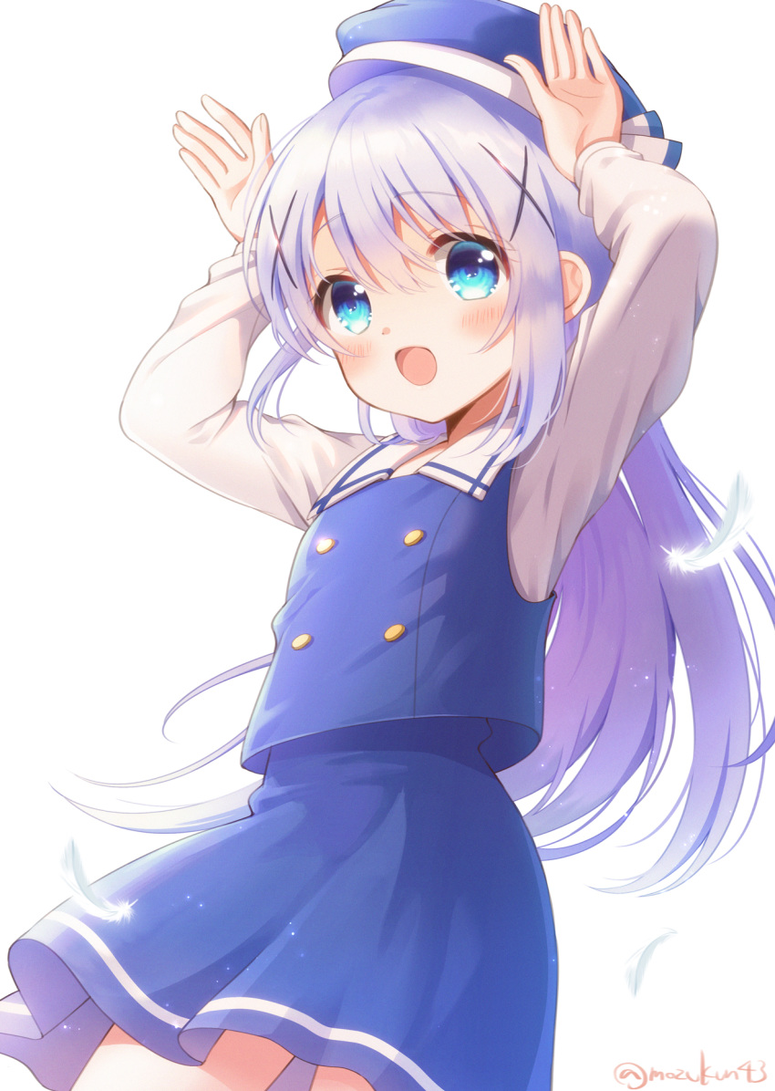 1girl arms_up bangs beret blue_eyes blue_hair blush bunny_pose eyebrows_visible_through_hair feathers gochuumon_wa_usagi_desu_ka? hair_between_eyes hair_ornament hairclip hat highres kafuu_chino kafuu_chino's_school_uniform light_blue_hair long_hair long_sleeves looking_at_viewer mozukun43 open_mouth school_uniform shirt simple_background skirt solo twitter_username very_long_hair white_background white_shirt x_hair_ornament