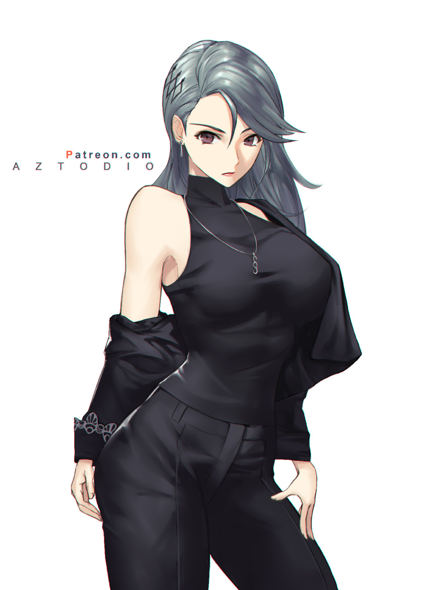 1girl azto_dio bare_shoulders black_pants black_shirt blazer_removed brown_eyes cowboy_shot earrings english_commentary hand_on_own_thigh highres jewelry long_hair necklace niijima_sae pants persona persona_5 pink_lips shirt silver_hair sleeveless sleeveless_shirt sweater_removed turtleneck