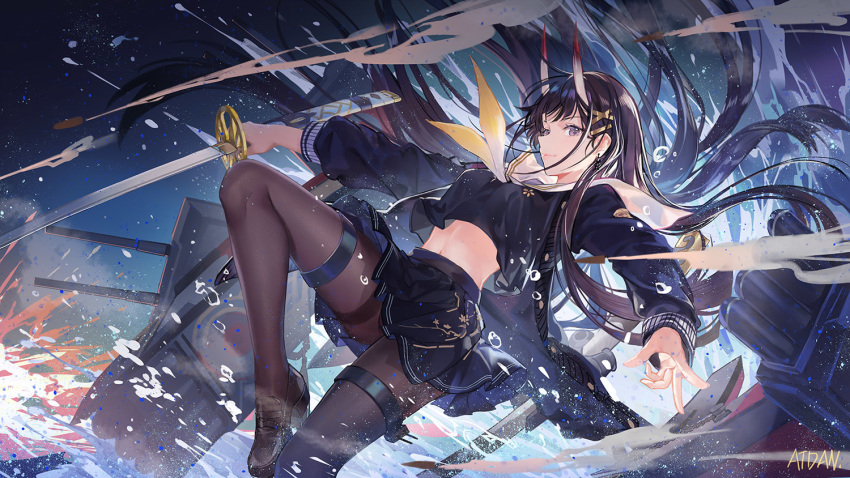 1girl atdan azur_lane black_cardigan black_hair black_serafuku black_shirt black_skirt breasts brown_legwear cardigan crop_top crop_top_overhang floating_hair gradient hair_ornament hairclip holding holding_sword holding_weapon katana knee_up loafers long_hair long_sleeves looking_at_viewer medium_breasts midriff miniskirt navel neckerchief noshiro_(azur_lane) official_art oni_horns open_cardigan open_clothes pantyhose pleated_skirt sailor_collar school_uniform serafuku shirt shoes skirt solo stomach sword thigh_strap thighband_pantyhose torpedo_launcher turret violet_eyes water weapon