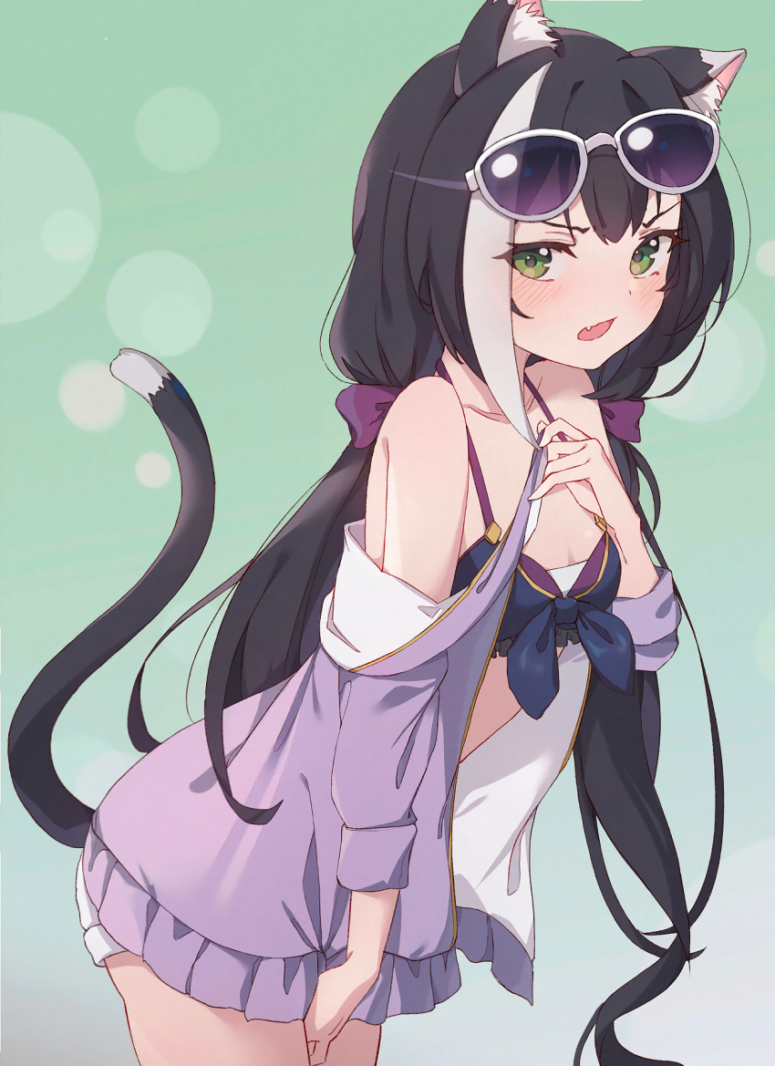 1girl animal_ear_fluff animal_ears bangs bikini black_bikini black_hair blush breasts cat_ears cat_girl cat_tail fang green_eyes highres jacket karyl_(princess_connect!) long_hair looking_at_viewer low_twintails lunia multicolored_hair open_mouth princess_connect! princess_connect!_re:dive purple_jacket simple_background small_breasts solo standing streaked_hair sunglasses swimsuit tail twintails very_long_hair white_hair