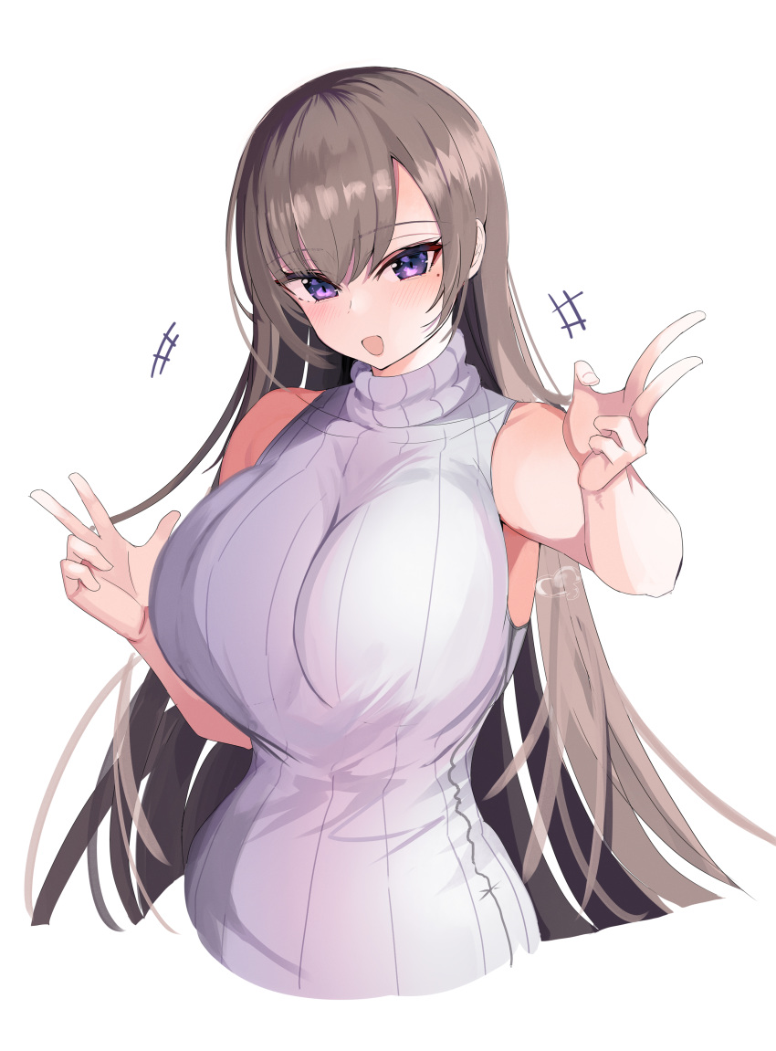 1girl :d absurdres blush breasts brown_hair eyebrows_visible_through_hair hanasaki_houcha highres huge_breasts long_hair looking_at_viewer mole mole_under_eye open_mouth original ribbed_sweater simple_background sleeveless_sweater smile solo sweater tsurime v violet_eyes white_background white_sweater