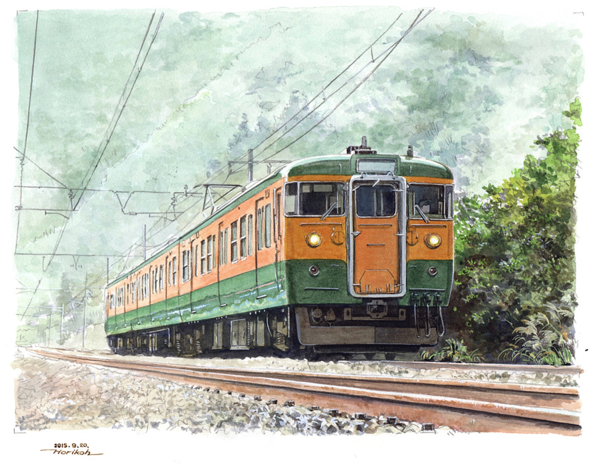 border bush dated day grass ground_vehicle highres horikou no_humans original outdoors railroad_tracks scan scenery signature traditional_media train white_border