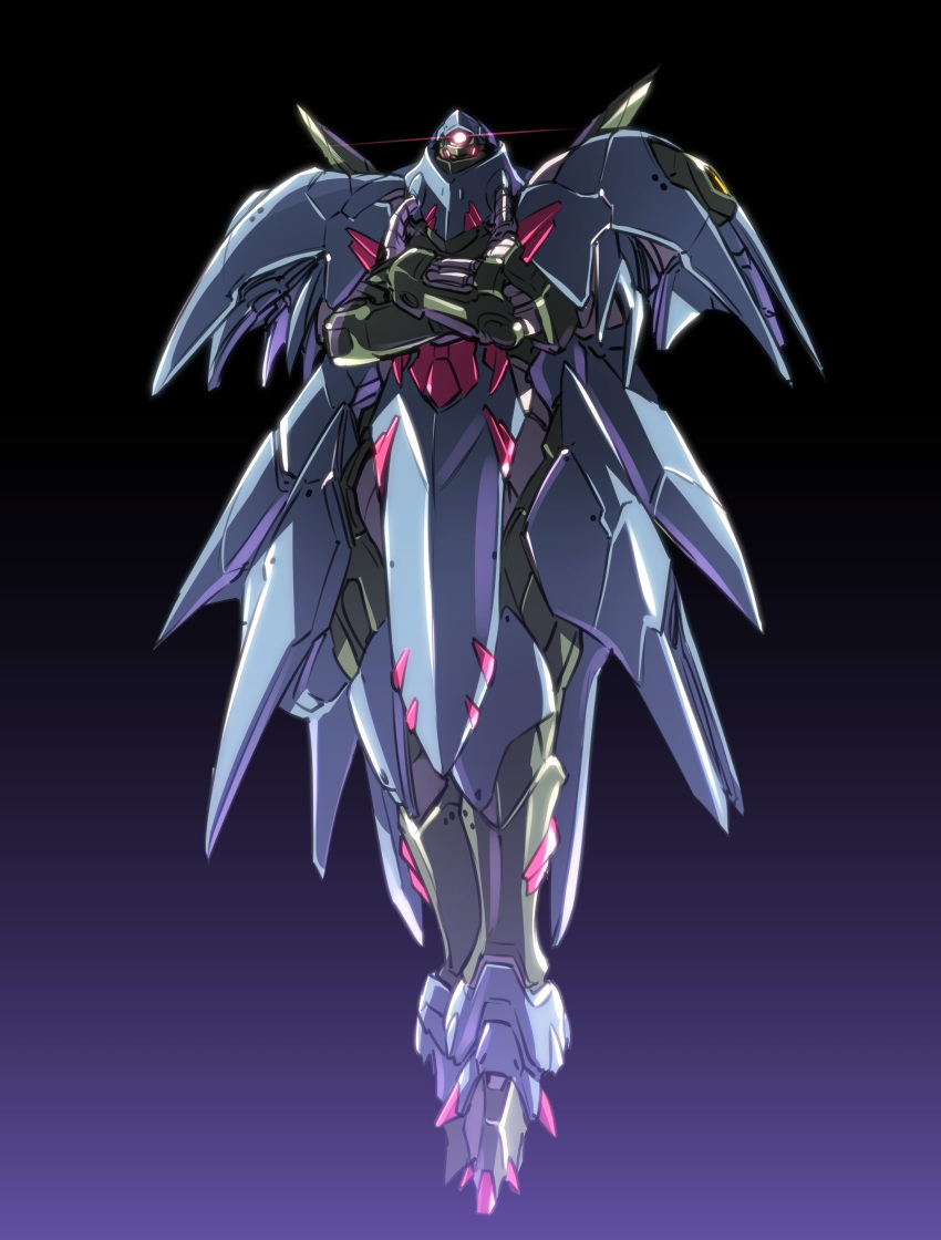 absurdres armor atmos_(gundam) black_background commentary crossed_arms floating glowing glowing_eye gradient gradient_background gundam highres ishiyumi looking_at_viewer mecha mobile_suit no_humans one-eyed pink_eyes purple_background shiny solo spiked_armor standing