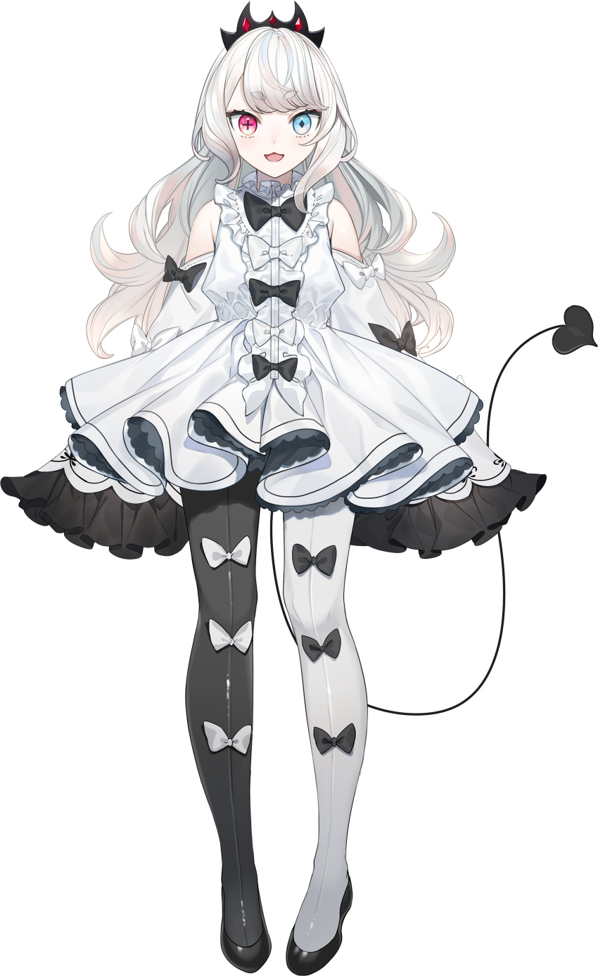 1girl absurdres blue_eyes bow dress full_body hair_ornament highres long_hair looking_at_viewer open_mouth original solo spinel_cranweiss standing symbol-shaped_pupils tail thigh-highs violet_eyes virtual_youtuber white_background white_dress