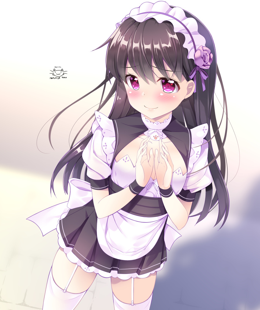 1girl absurdres alternate_costume bangs black_hair blush breasts brown_hair closed_mouth commentary_request enmaided eyebrows_visible_through_hair flower hair_flower hair_ornament hands_up highres long_hair maid natsumiya_yuzu original pink_eyes purple_flower solo striped thigh-highs wristband