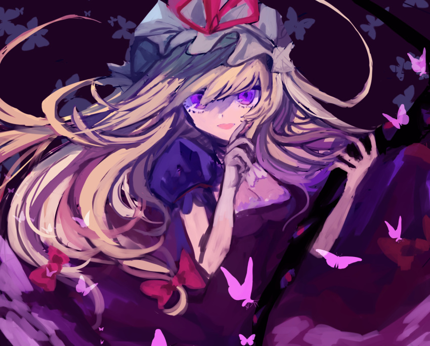 1girl blonde_hair bow bug butterfly cleavage_cutout floating_hair hair_bow hat hat_ribbon insect long_hair looking_at_viewer mob_cap open_mouth puffy_sleeves red_bow red_ribbon ribbon short_sleeves solo touhou tsukikusa upper_body violet_eyes white_headwear wind yakumo_yukari