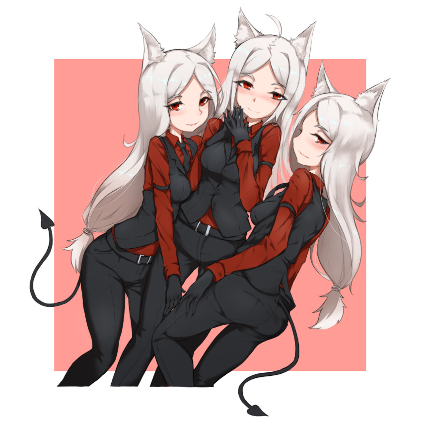 3girls 41_(chvinyau) absurdres animal_ear_fluff animal_ears bangs belt belt_buckle black_belt black_gloves black_pants black_vest blush breasts brown_background buckle cerberus_(helltaker) closed_mouth collared_shirt commentary_request demon_tail dog_ears eyebrows_visible_through_hair girl_sandwich gloves helltaker highres long_hair long_sleeves looking_at_viewer low-tied_long_hair medium_breasts multiple_girls nose_blush pants parted_bangs parted_lips red_eyes red_shirt sandwiched shirt silver_hair smile tail two-tone_background very_long_hair vest white_background