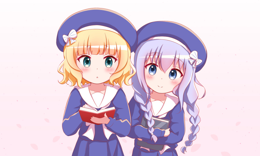 2girls :o bangs beret blonde_hair blue_eyes blue_hair blue_headwear blue_shirt blue_skirt blush book bow braid closed_mouth commentary_request eyebrows_visible_through_hair gochuumon_wa_usagi_desu_ka? goth_risuto green_eyes hair_between_eyes hat holding holding_book kafuu_chino kirima_sharo long_hair low_twintails multiple_girls object_hug open_book parted_lips petals pleated_skirt revision sailor_collar shirt skirt smile striped striped_bow twin_braids twintails very_long_hair white_bow white_sailor_collar