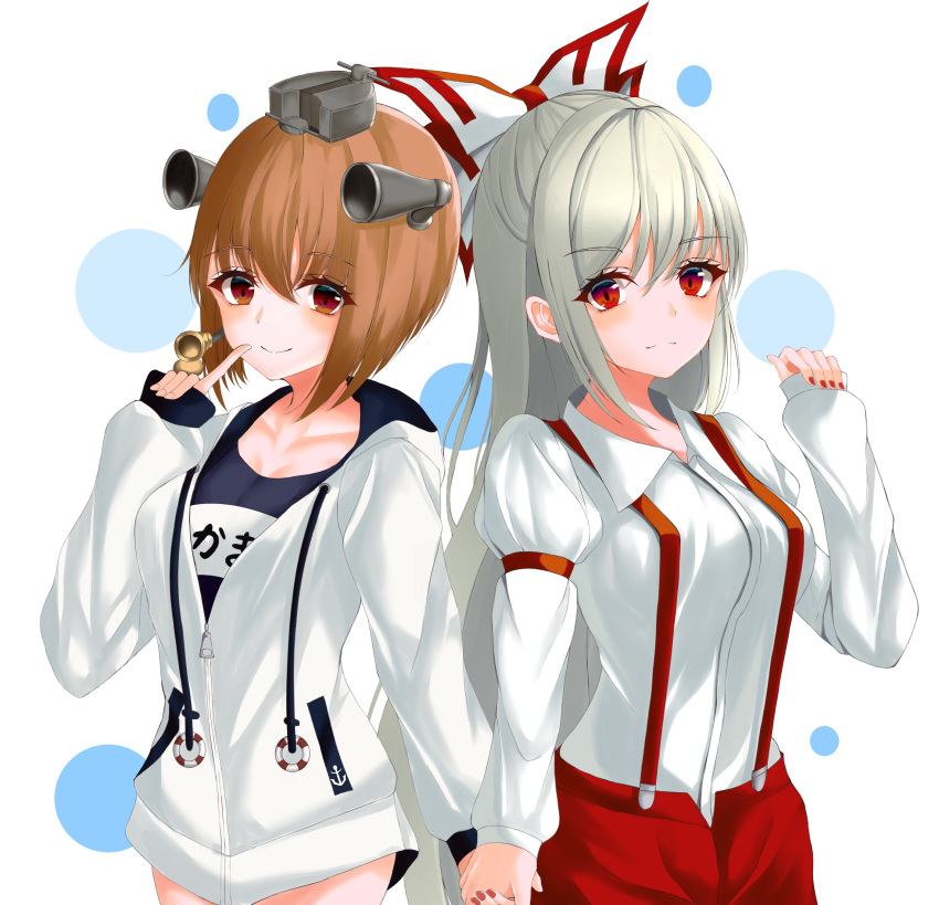 2girls absurdres anchor_symbol arm_at_side arm_belt arm_up blush breasts brown_eyes brown_hair commentary crossover drawstring expressionless eyebrows_visible_through_hair finger_to_mouth fujiwara_no_mokou hair_between_eyes hair_ribbon headgear highres holding_hands kantai_collection kure:kuroha lifebuoy long_hair looking_at_viewer medium_breasts multiple_girls one-piece_swimsuit pants polka_dot polka_dot_background red_eyes red_nails red_pants ribbon school_swimsuit shirt short_hair silver_hair sleeves_past_wrists small_breasts smile standing suspenders swimsuit touhou upper_body very_long_hair white_background white_hoodie white_shirt yukikaze_(kantai_collection)