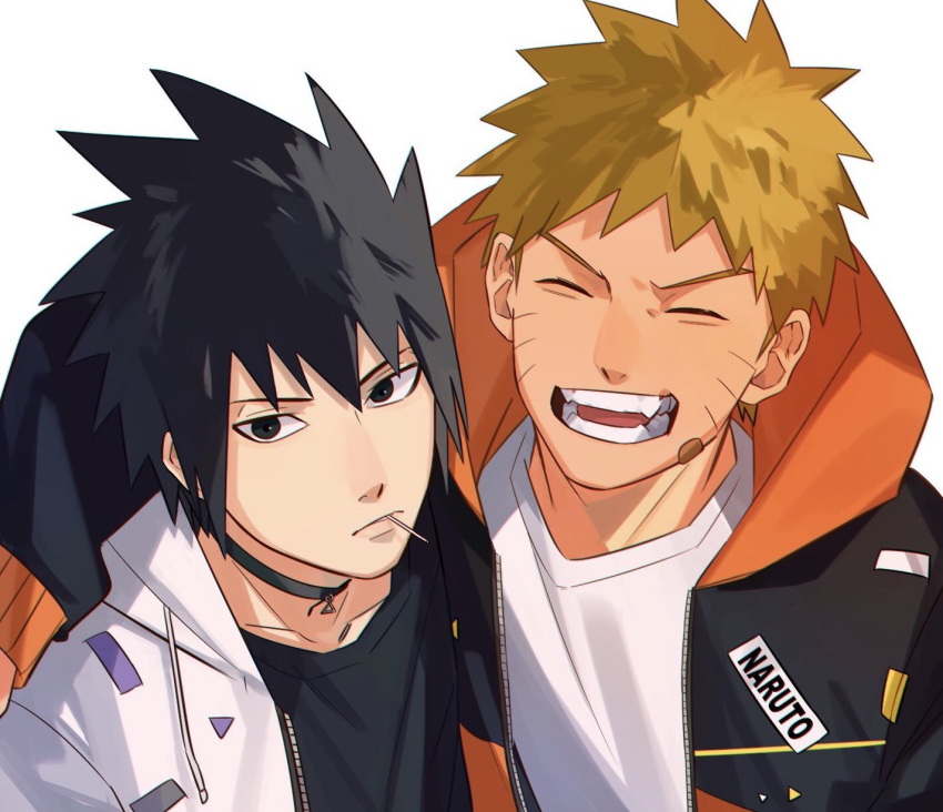 2boys arm_over_shoulder bangs black_collar black_hair blonde_hair close-up closed_eyes collar face facial_mark fang gradient_hair highres hood hood_down hoodie long_sleeves looking_at_viewer male_focus multicolored_hair multiple_boys naruto naruto_(series) open_mouth oriharaizaya0111 shirt smile spiky_hair sweatshirt toothpick uchiha_sasuke upper_body uzumaki_naruto whisker_markings white_shirt