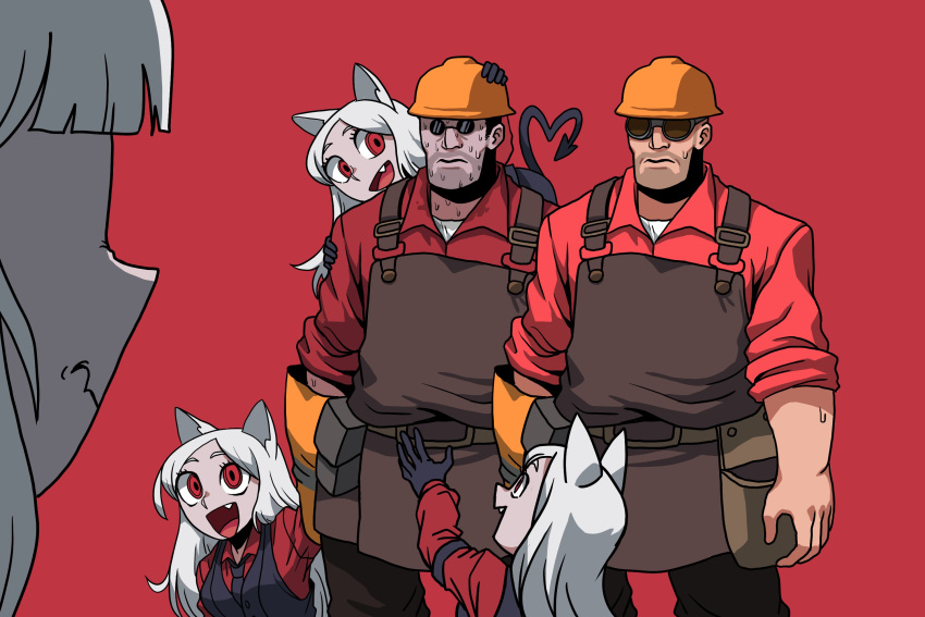 2boys 4girls animal_ears black_giraffe cerberus_(helltaker) cosplay crossover demon_girl demon_tail dog_ears facial_hair fang gloves goggles hardhat heart heart_tail helltaker helmet highres lucifer_(helltaker) multiple_boys multiple_girls pince-nez red_background red_shirt shirt single_glove smelling smile stubble sweat sweating_profusely tail team_fortress_2 the_engineer the_engineer_(cosplay) triplets