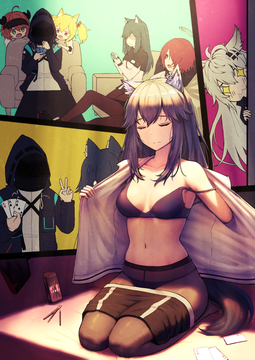+_+ 1other 5girls :3 absurdres ace_of_clubs ace_of_hearts ace_of_spades ahoge animal_ear_fluff animal_ears arknights armchair bangs bare_shoulders black_bra black_hair black_jacket black_legwear black_shorts blonde_hair bra breasts card chair chinese_commentary closed_eyes collarbone commentary_request croissant_(arknights) doctor_(arknights) exusiai_(arknights) food green_eyes hair_between_eyes hair_ornament hairclip halo highres holding holding_card hood hooded_jacket horns jacket lappland_(arknights) long_hair medium_breasts multiple_girls multiple_views navel open_clothes open_jacket open_mouth orange_hair panties panties_under_pantyhose pantyhose penguin_logistics_(arknights) pocky red_eyes redhead revision seiza shorts shorts_pull silver_hair sitting sora_(arknights) stomach strap_slip strip_game strip_poker tail texas_(arknights) underwear undressing v white_jacket wolf_ears wolf_tail yunkaiming