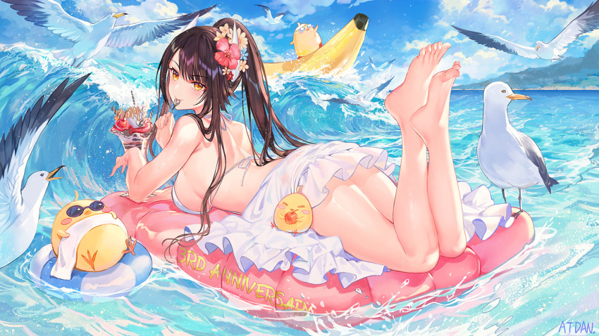 1girl animal anniversary atdan azur_lane back backless_dress backless_outfit banana_boat bare_shoulders barefoot bird breasts brown_hair chick clouds commentary day dress feet flower hair_flower hair_ornament halter_dress hiei_(azur_lane) hiei_(beauty_of_the_white_sands)_(azur_lane) holding inflatable_raft innertube large_breasts legs_up long_hair looking_at_viewer looking_back lying manjuu_(azur_lane) ocean on_stomach outdoors parfait ponytail seagull short_dress signature sky sleeveless sleeveless_dress solo spaghetti_strap sunglasses the_pose thighs towel water waves white_dress yellow_eyes