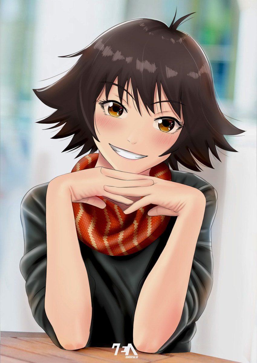 1girl blush brown_eyes brown_hair elbows_on_table hands_together highres indoors interlocked_fingers looking_at_viewer nonaka_haru red_scarf scarf short_hair sitting smile solo upper_body yesterday_wo_utatte zendrawr