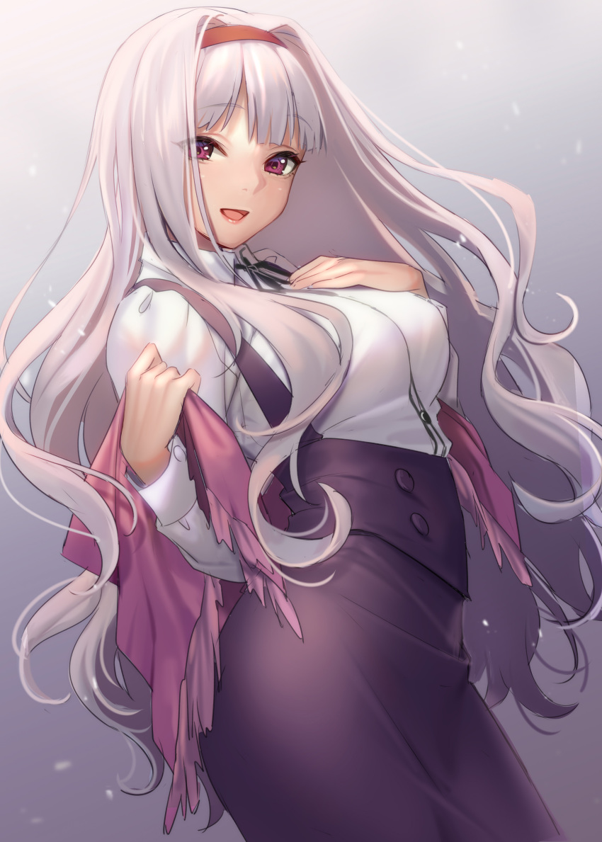 1girl absurdres bangs dress_shirt grey_background hairband highres idolmaster long_hair looking_at_viewer masami_chie open_mouth shijou_takane shirt silver_hair simple_background skirt smile solo suspenders violet_eyes