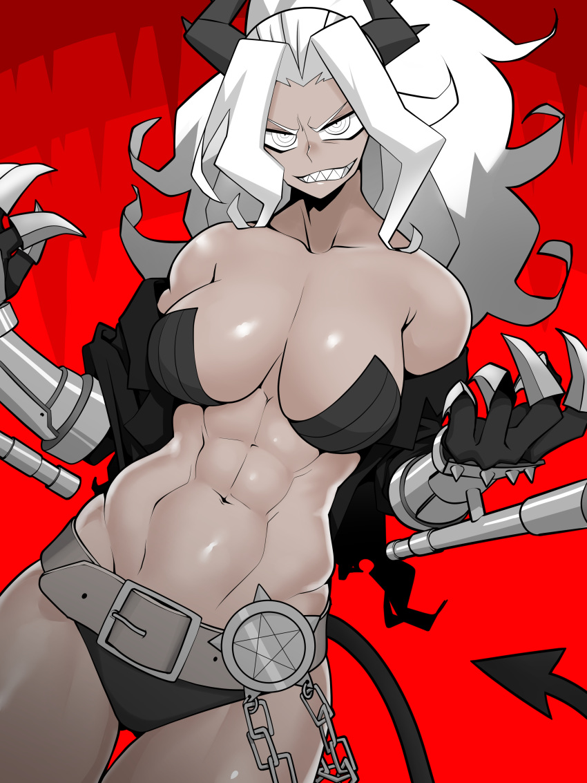 1girl abs absurdres armband asha bare_shoulders belt black_horns black_jacket black_panties breasts chain commentary_request dark_skin demon_girl demon_horns demon_tail gauntlets helltaker highres horns jacket judgement_(helltaker) large_breasts long_hair muscle muscular_female navel panties pentagram ponytail red_background sharp_teeth simple_background solo tail teeth underwear white_eyes white_hair