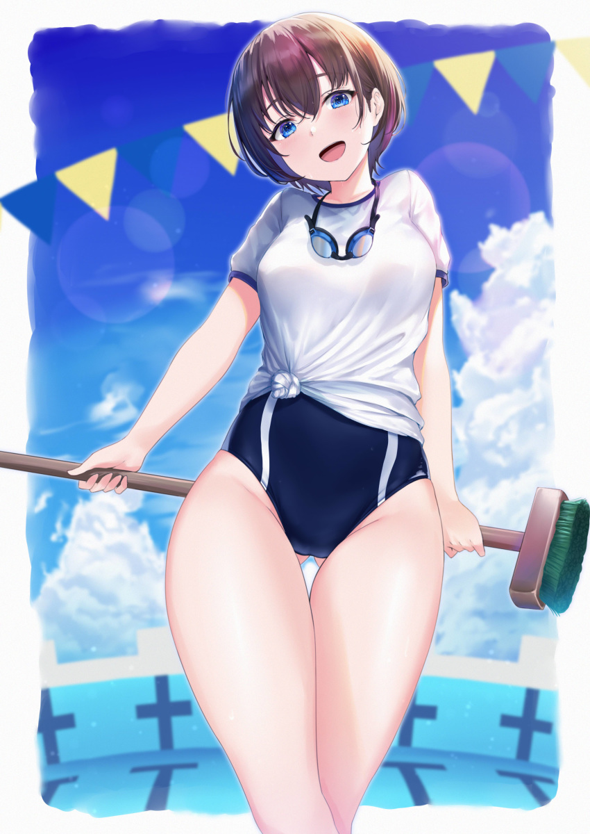 1girl absurdres arms_behind_head black_hair black_swimsuit blue_eyes blue_sky cleaning_brush clouds commentary_request competition_swimsuit cowboy_shot empty_pool goggles goggles_around_neck highres looking_at_viewer one-piece_swimsuit original rama_(yu-light8) shirt short_hair sky smile solo string_of_flags swimsuit swimsuit_under_clothes t-shirt thigh_gap tied_shirt white_shirt