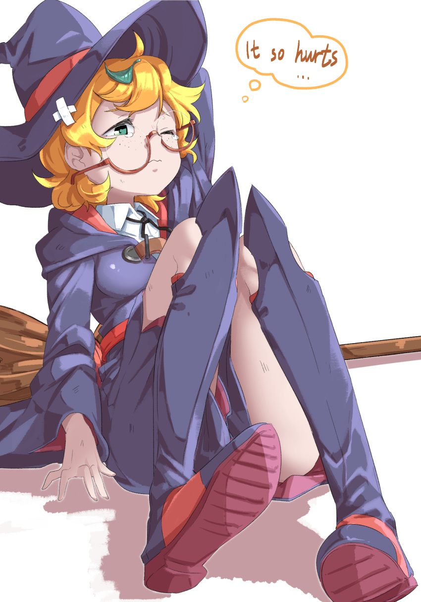 1girl ;s blonde_hair boots break761 broom brown-framed_eyewear commentary_request crooked_eyewear ear english_text engrish_text freckles glasses green_eyes hat highres knee_boots little_witch_academia lotte_jansson luna_nova_school_uniform one_eye_closed pain ranguage school_uniform semi-rimless_eyewear short_hair simple_background sitting solo tearing_up thought_bubble under-rim_eyewear white_background wide_sleeves witch witch_hat
