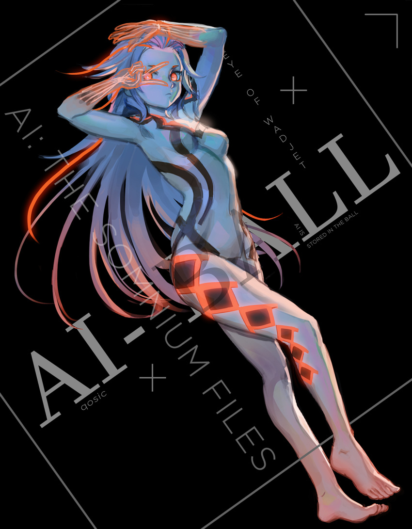 ai:_the_somnium_files aiba_(ai:_the_somnium_files) barefoot black_background breasts character_name copyright_name full_body highres long_hair looking_at_viewer navel pose qosic red_eyes see-through silver_hair small_breasts standing very_long_hair