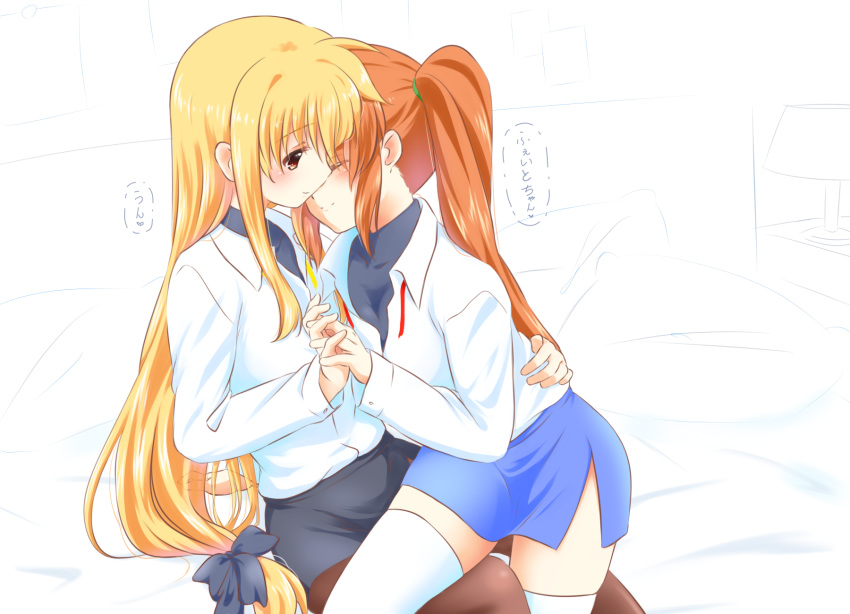 2girls bed blonde_hair blush closed_eyes collared_shirt cuddling fate_testarossa happy highres kerorokjy lamp lampshade long_hair looking_at_another lyrical_nanoha mahou_shoujo_lyrical_nanoha mahou_shoujo_lyrical_nanoha_strikers mahou_shoujo_lyrical_nanoha_vivid military military_uniform multiple_girls neck_ribbon nuzzle orange_hair red_eyes red_ribbon ribbon shirt side_ponytail simple_background sitting skirt smile takamachi_nanoha thigh-highs translation_request uniform very_long_hair white_background yuri