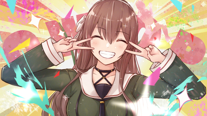 .live 1girl blush brown_hair closed_eyes collarbone commentary_request double_v grinding hair_between_eyes headband highres long_hair school_uniform solo v virtual_youtuber yaezawa_natori