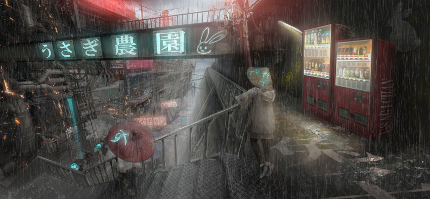 absurdres ambiguous_gender cyberpunk fisheye hat highres hood hood_down huge_filesize long_sleeves neon_lights okayuyuyu original pants railing rain raincoat scenery stairs standing umbrella vending_machine walking