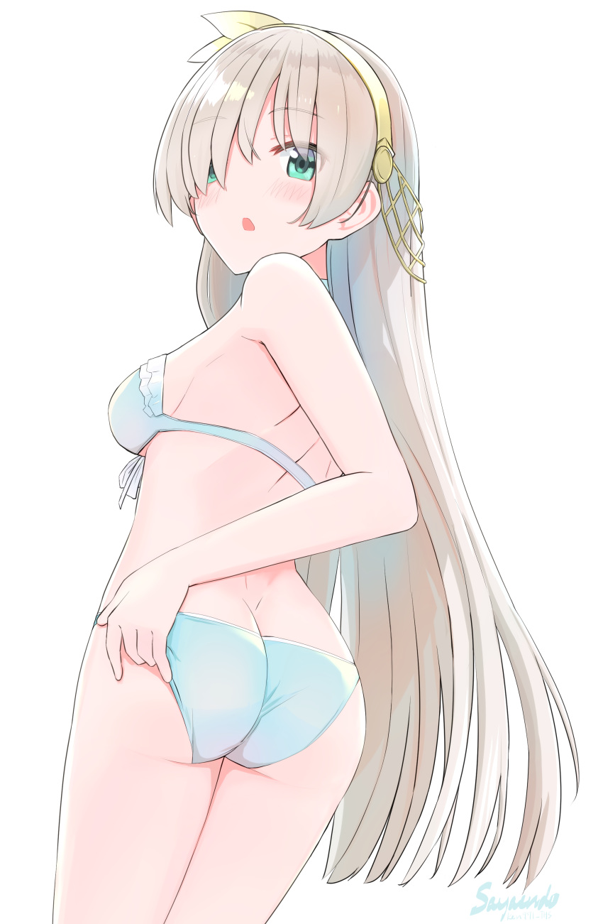 1girl absurdres anastasia_(fate/grand_order) aqua_bikini aqua_eyes artist_request ass back bangs bare_shoulders bikini blush breasts fate/grand_order fate_(series) hair_over_one_eye hairband highres long_hair looking_at_viewer medium_breasts open_mouth silver_hair simple_background swimsuit thighs white_background