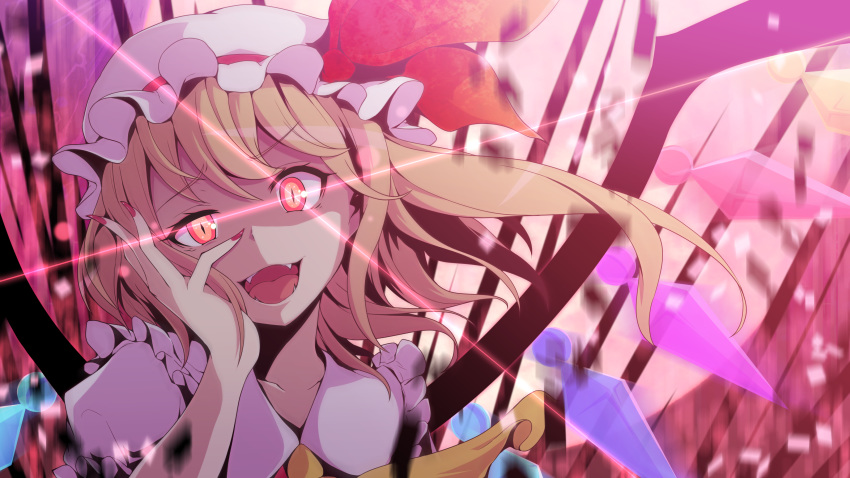 1girl absurdres ascot blonde_hair breasts fangs fingernails flandre_scarlet hands_on_own_cheeks hands_on_own_face hat highres looking_at_viewer medium_breasts mob_cap nail_polish open_mouth red_eyes sharp_fingernails side_ponytail slit_pupils smile solo touhou twinameless upper_body wings