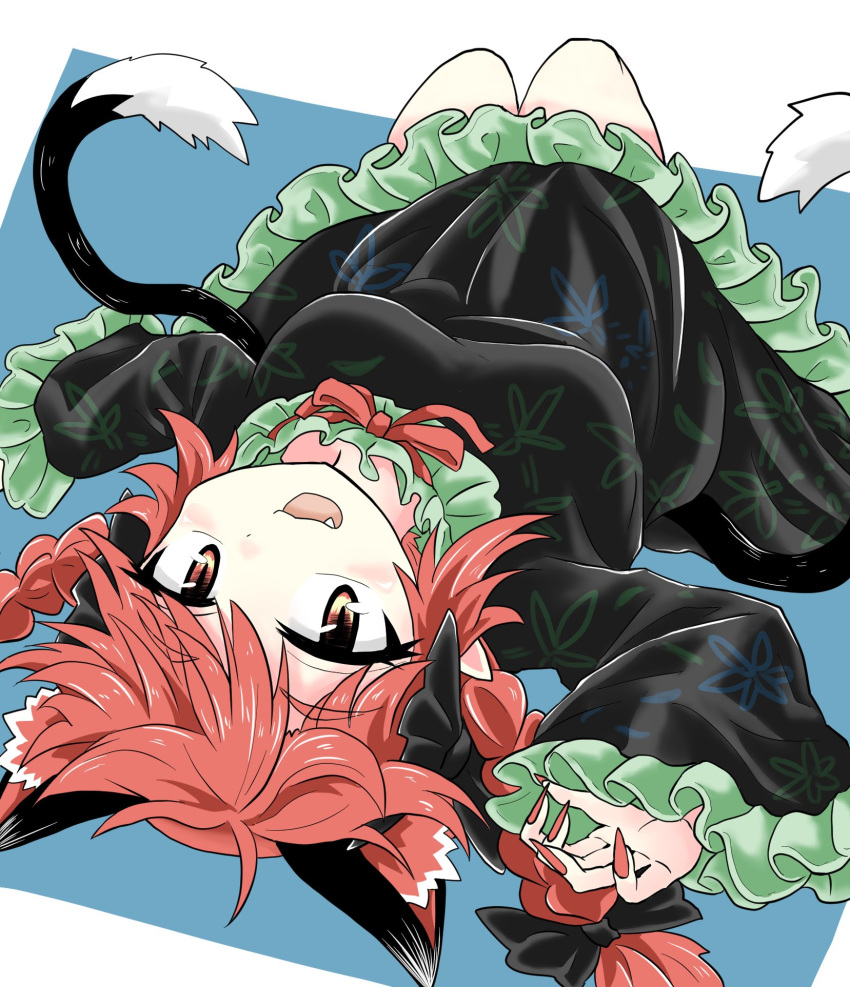 1girl :3 animal_ears bare_legs black_bow black_dress blue_background bow braid cat_ears cat_tail chups dress eyebrows_visible_through_hair face fang frilled_dress frilled_sleeves frills green_frills highres long_sleeves looking_at_viewer lying multiple_tails on_back open_mouth red_eyes red_nails red_neckwear redhead ribbon solo tail touhou twin_braids two_tails white_background